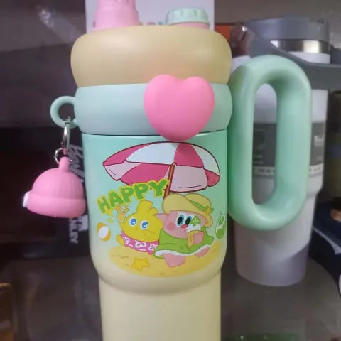 Trandy 900ml Insulated Stainless Steel Travel Mug, Cute Cartoon Design with Plastic Handle and Straw
