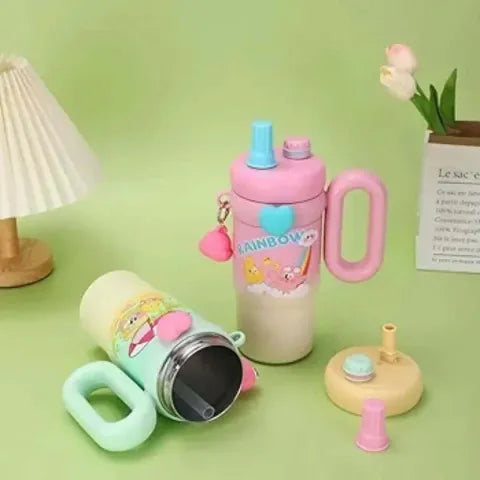 Trandy 900ml Insulated Stainless Steel Travel Mug, Cute Cartoon Design with Plastic Handle and Straw