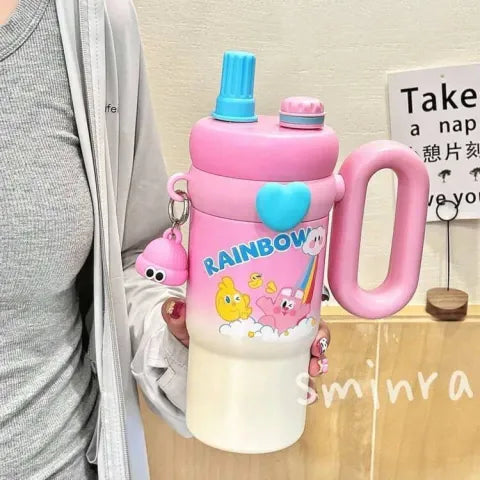 Trandy 900ml Insulated Stainless Steel Travel Mug, Cute Cartoon Design with Plastic Handle and Straw