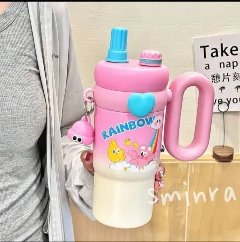 Trandy 900ml Insulated Stainless Steel Travel Mug, Cute Cartoon Design with Plastic Handle and Straw