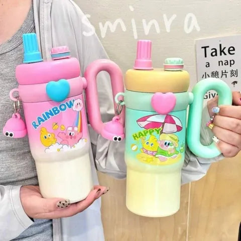 Trandy 900ml Insulated Stainless Steel Travel Mug, Cute Cartoon Design with Plastic Handle and Straw