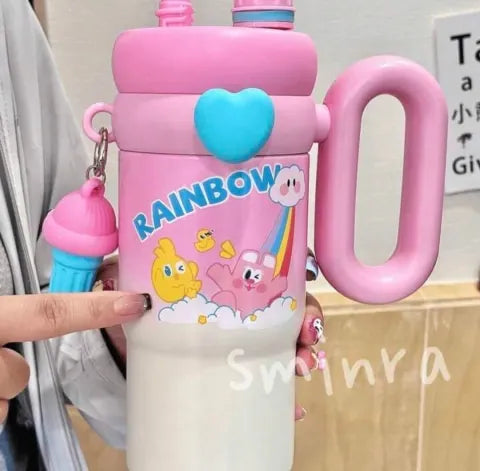 Trandy 900ml Insulated Stainless Steel Travel Mug, Cute Cartoon Design with Plastic Handle and Straw