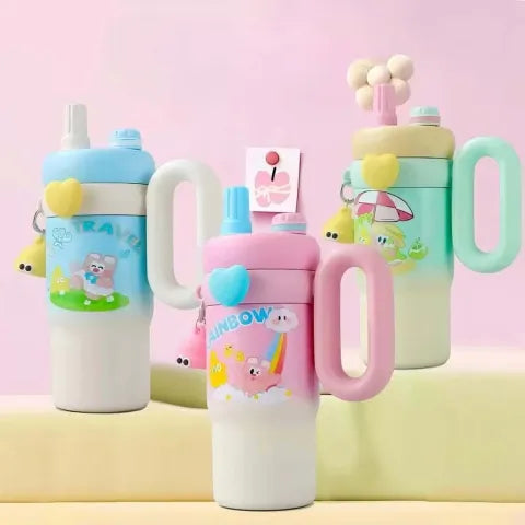 Trandy 900ml Insulated Stainless Steel Travel Mug, Cute Cartoon Design with Plastic Handle and Straw