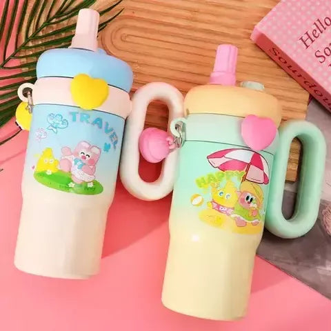 Trandy 900ml Insulated Stainless Steel Travel Mug, Cute Cartoon Design with Plastic Handle and Straw